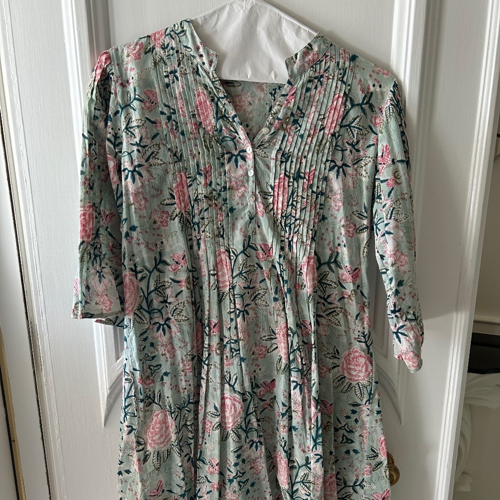 Victoria Dunn dress, green with pink floral accents, fits s/m.